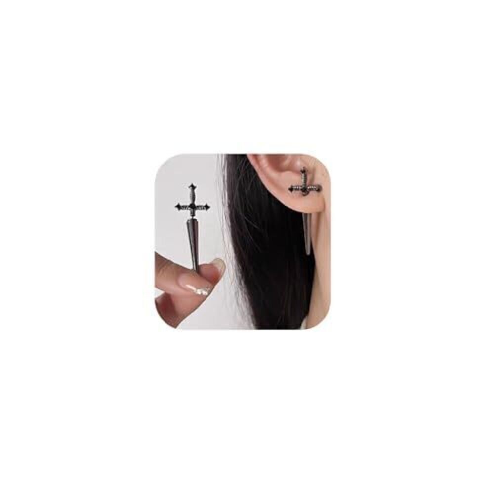2958 Gothic Sword Earrings Shiny Cubic Zirconia Dagger Punk Vintage Sword